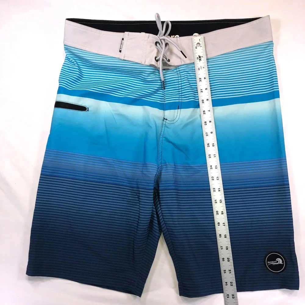 Bombora Mens XL Blue Ombre Striped Board Shorts Stretch Swim Trunks Pocket